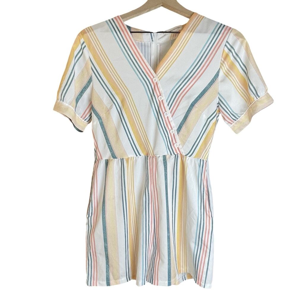 Goodnight Macaroon V-Neck Wrap Striped Cotton Linen Blend Short Romper Sz Small